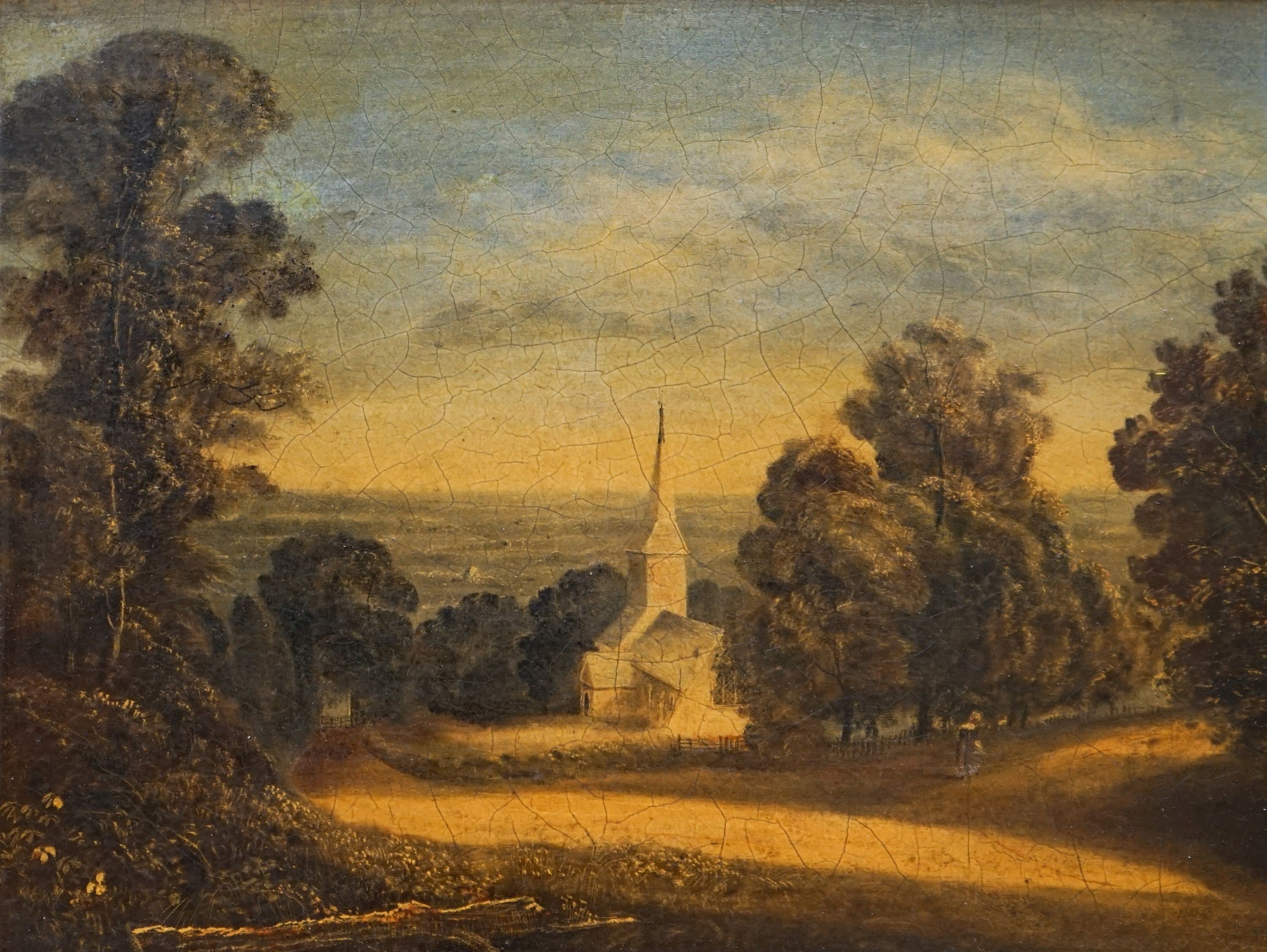 19th century English School, oil on panel, Church in a landscape, 22 x 29cm